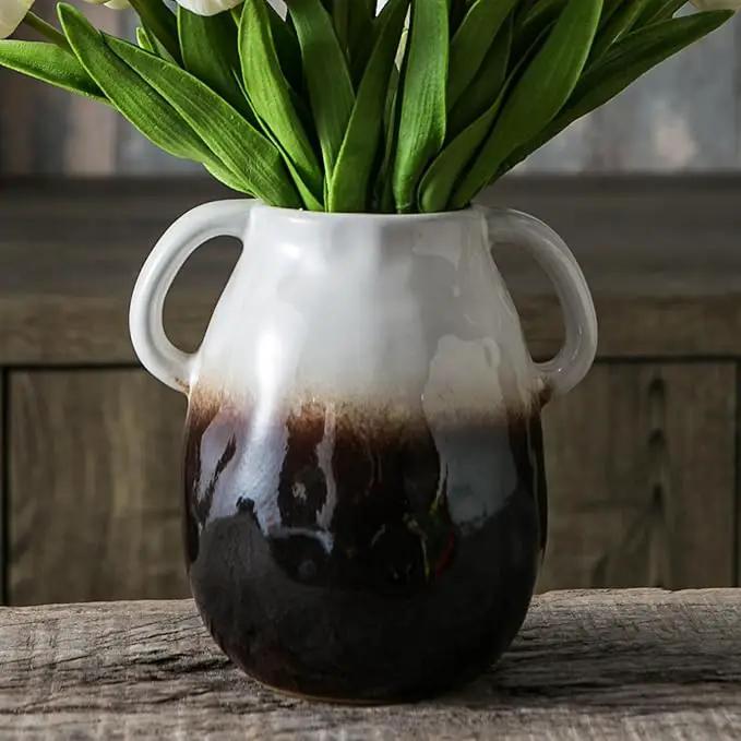 White Gradient Ceramic Vase with 2 Handles, Modern Farmhouse Decor, Rustic Terracotta Pottery, Decorative Flower Vases, Clay Small Vase, Centerpiece for Dining Table - 7 Inch Tall by GreenHaven Gardens