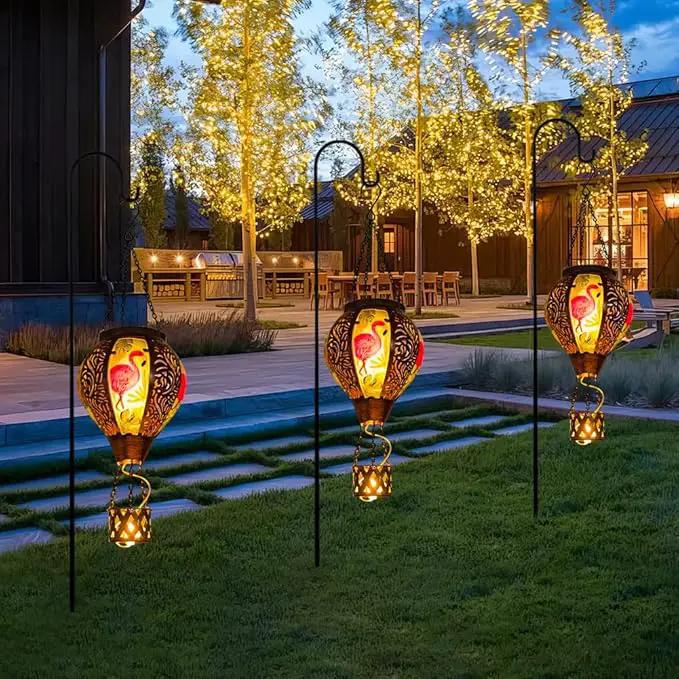 Flamingo Hot Air Balloon Solar Lanterns Outdoor Waterproof,Metal Garden Decor Solar Hot Air Balloon Lantern with Flame Flickering Lights for Patio,Porch,Yard Decor Mother Day Gifts for Women by GreenHaven Gardens