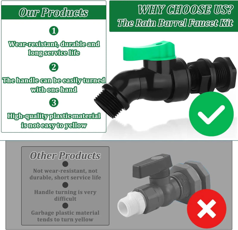 Plastics Rain Barrel Spigot Kit High Flow Valve Core Water Tank Faucet+PVC Bulkhead Fitting 1/2" NPT to 3/4" GHT Rain Barrel Spigot for Plastic Bucket Rainwater Drum Container Downspout Collector in by GreenHaven Gardens