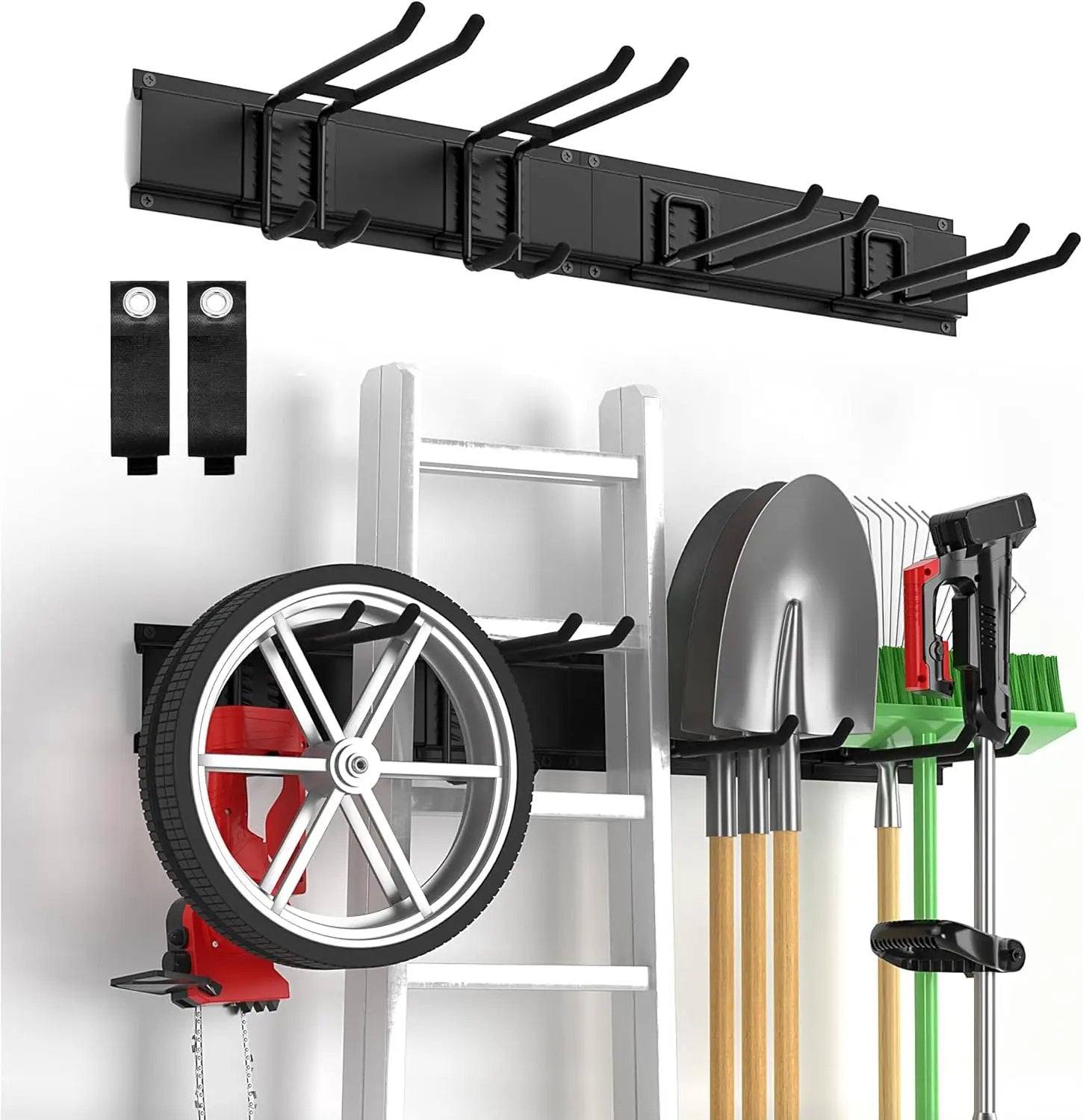 Garage Tool Organizer Wall Mount, Yard Garden Tool Organizer, Adjustable Tool Storage Rack with 4 Heavy Duty Steel Hooks, Max Load 200lbs Garage Organization, Black by GreenHaven Gardens