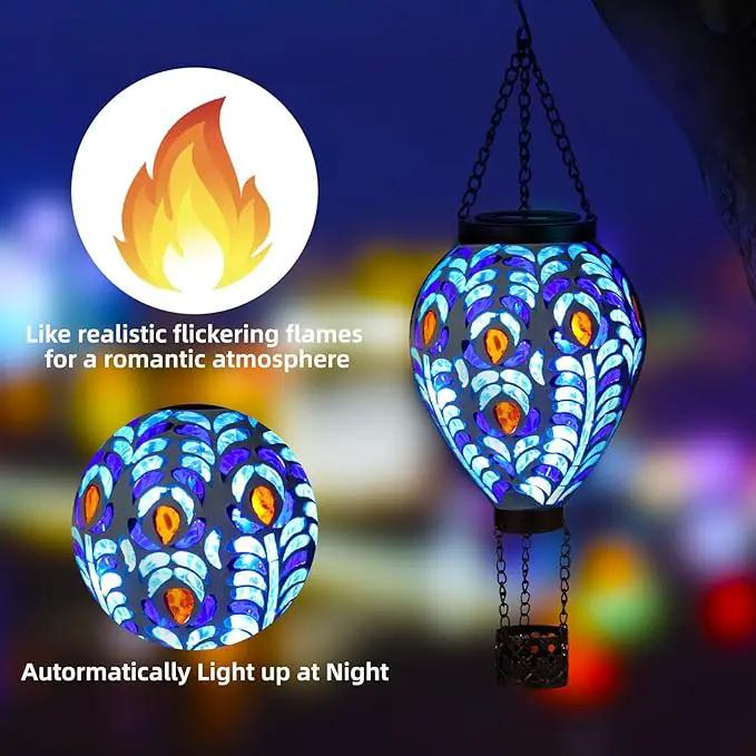 VOREEN Hot Air Balloon Solar Lantern, Mosaic Solar Outdoor Hanging Wind Light, Waterproof, Patio Festive Decor, Easter Gifts for Mom Father Grandma, Peacock Feather Design by GreenHaven Gardens