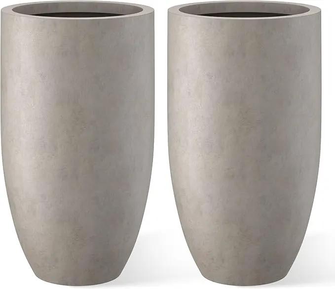 Kante 24 Inch Tall Round Concrete Planter, 2 Pack Large Indoor Outdoor Plant Pots with Drainage Hole and Rubber Plug, Modern Decorative Garden Pots for Home Patio Porch, Weathered Concrete by GreenHaven Gardens