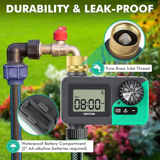 RESTMO Sprinkler Timer with Brass Inlet, Water Timer for Garden Hose, Rain Delay/Manual/Automatic for Outdoor Faucet, Drip Irrigation and Lawn Watering System by GreenHaven Gardens