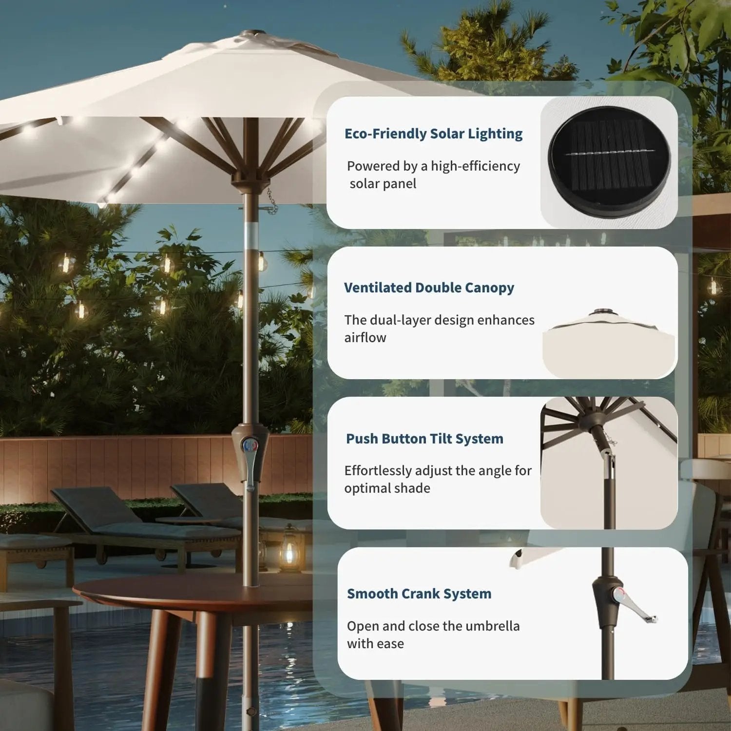9FT Solar Umbrella 32 LED Lighted Patio Umbrella Table Market Umbrella w/Tilt and Crank, UV-Resistant Outdoor Umbrella for Pool, Garden, Deck, Creamy White by GreenHaven Gardens