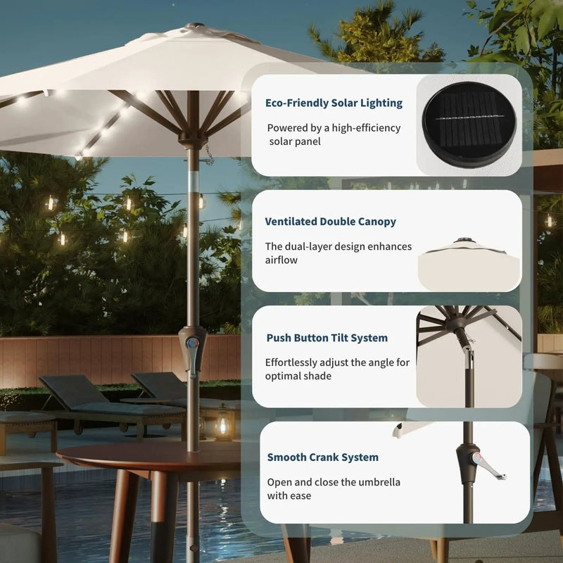 9FT Solar Umbrella 32 LED Lighted Patio Umbrella Table Market Umbrella w/Tilt and Crank, UV-Resistant Outdoor Umbrella for Pool, Garden, Deck, Creamy White by GreenHaven Gardens