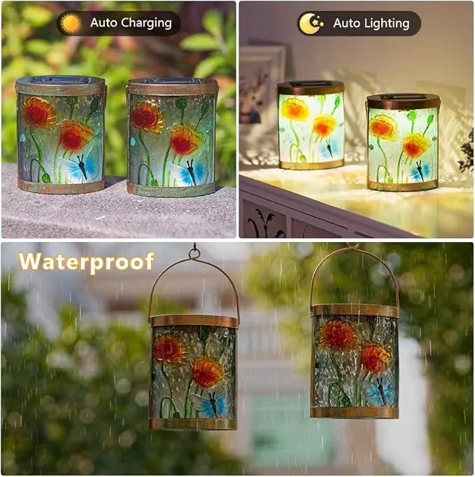 Starsoul 2 Pack Hanging Solar Lantern Outdoor Waterproof Glass Butterfly and Flowers Decorative Solar Lights for Outside Garden Yard Table Patio Decor by GreenHaven Gardens