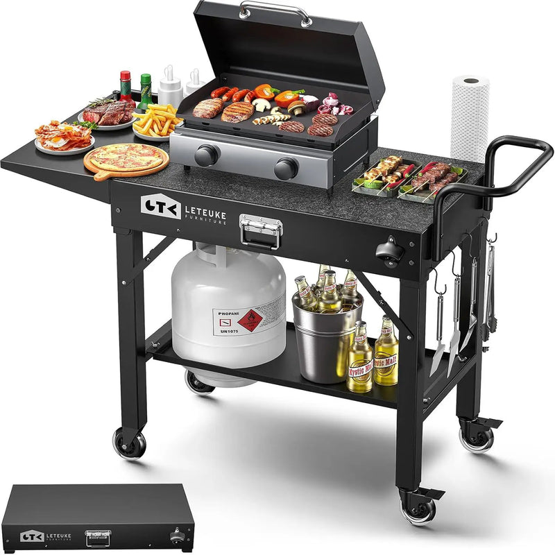 Leteuke Grill Cart for Blackstone Griddle, Portable Outdoor Grill Table, Foldable Cart Table with Wheels for Ninja, Griddle Stand Fit 17 Inch Or 22 Inch, BBQ Prep Tables with Seasoning Tray by GreenHaven Gardens