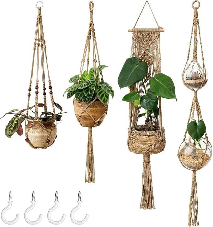 Mkono Macrame Plant Hangers Set of 4 Indoor Hanging Planter Basket Wall Decorative Flower Pot Holder with 4 Hooks for Indoor Outdoor Home Decor Gift Box, Brown by GreenHaven Gardens