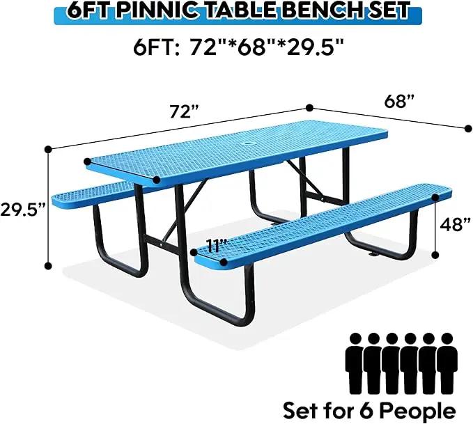 6FT Metal Picnic Tables for Outdoors, Commercial Rectangular Picnic Table and Bench Set for Outside, Patio, Garden, Backyard, Porch, Surface Mount, Blue by GreenHaven Gardens