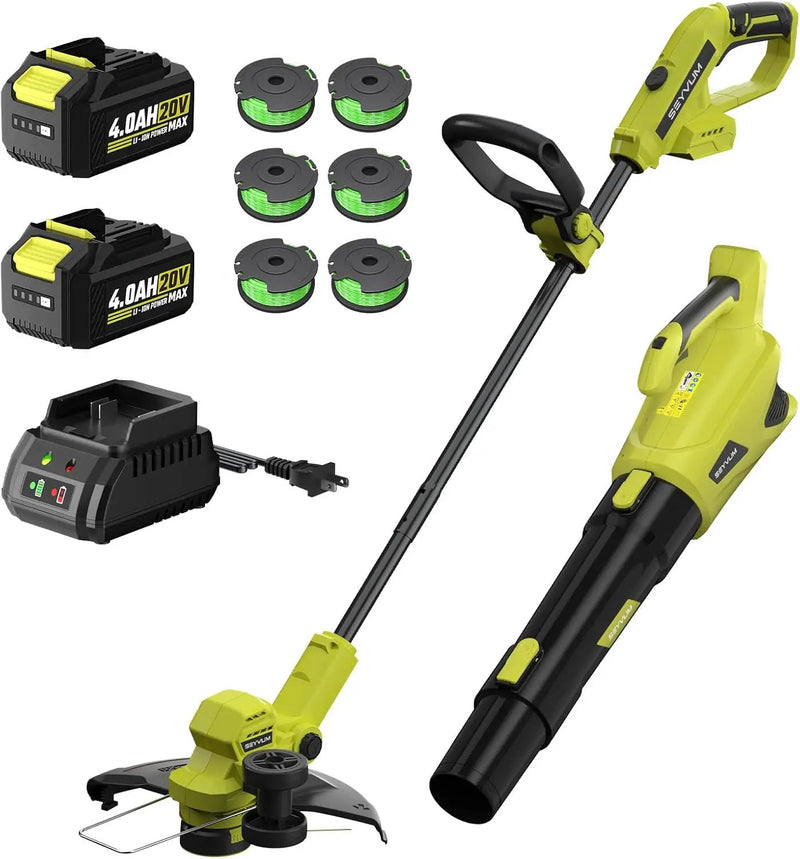 SEYVUM 20V String Trimmer and Leaf Blower Combo Kit, 12-inch Cordless Weed Trimmer with 6 Pcs Grass Cutter Spool Line, 500 CFM Electric Leaf Blower for Lawn Care with 2 X 4.0Ah Battery and Charger by GreenHaven Gardens