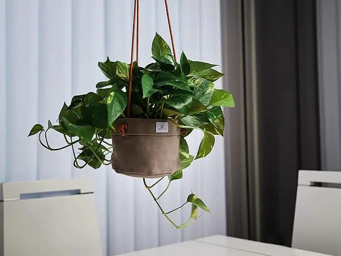 Large Waxed Canvas Handmade Hanging Planter for Indoor/Outdoor Plants, Hanging Basket Plant Holder Stone Gray by GreenHaven Gardens