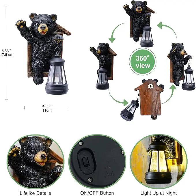 Black Bear Decor with Solar Lantern Tree Hugger - 7 Inch Bear Statue Outdoor Garden Yard Decor,Best Bear Garden Gifts for Mom,Women by GreenHaven Gardens