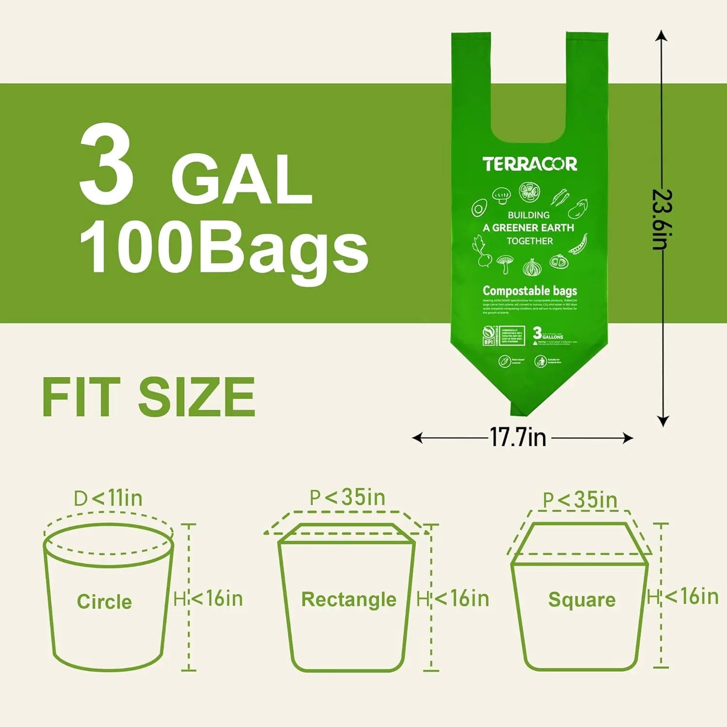 Compost Bags, Handle Tie Food Scrap Bags 3 Gallon,100 Count,Certified by BPI and ASTM D6400, Kitchen Compost Bin Compatible by GreenHaven Gardens