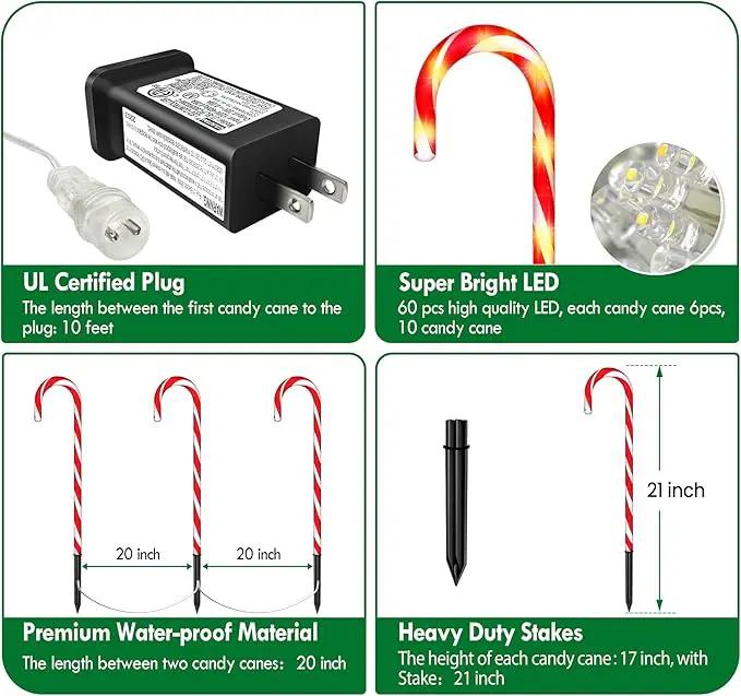 WeGuard 10PK Christmas Candy Cane Pathway Lights Outdoor Decorations 21" 8 Lighting Modes Flashing Waterproof Outdoor Lighted Christmas Decor for Garden Yard (Red) by GreenHaven Gardens