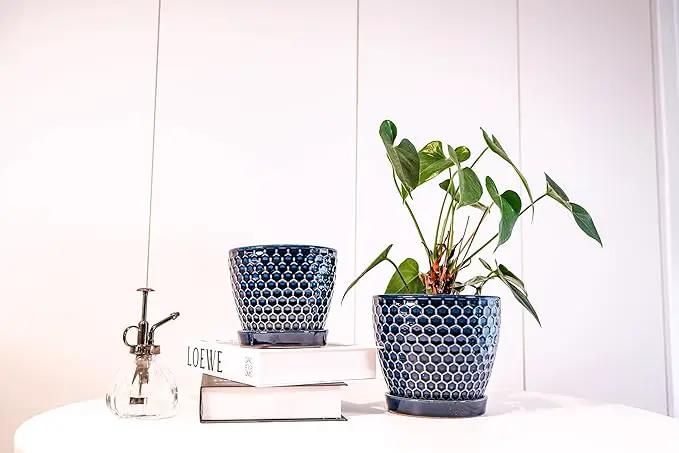 Docrin Ceramic Plant Pots Indoor: 6.6 + 5.5 Inch Planters with Drainage Holes and Saucer for Home/Office - Set of 2 /Blue Honeycomb by GreenHaven Gardens