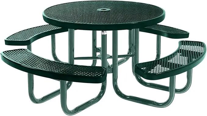 Heavy-Duty Portable Outdoor Picnic Table with Umbrella Hole, Expanded Metal Commercial-Grade Patio Furniture Made in America (46" Round Top, Dark Green with Dark Green Frames) by GreenHaven Gardens