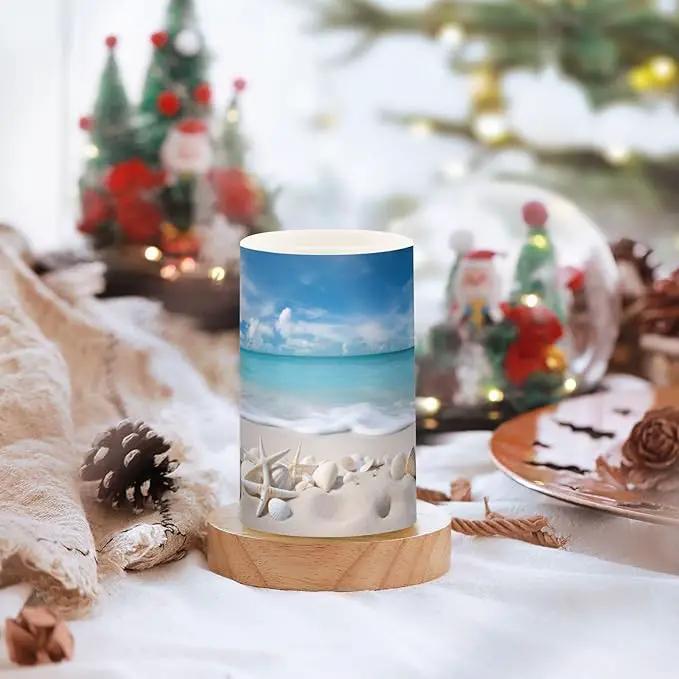 Flickering Flameless Candles, Starfishes Seashells Beach Blue Sky LED Candles with Remote Timer, Set of 2 Battery Operated Candle for Valentine Wedding Birthday by GreenHaven Gardens