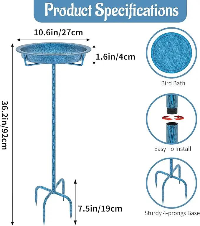 Metal Bird Bath for Outside, 36.2" Height Birdbath Bowl Standing Bird Feeders for Outdoors with 4 Prongs Base Stake, Freestanding Birdfeeders for Garden Yard Lawn Decor (Retro Blue) by GreenHaven Gardens