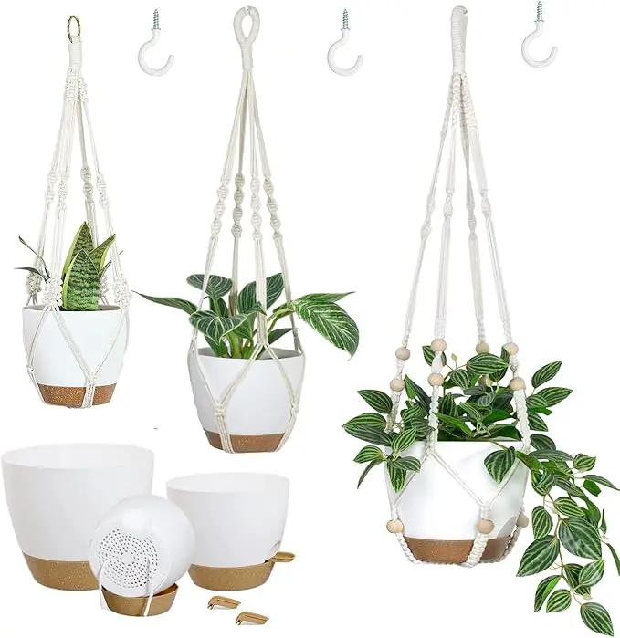 Hanging Planters with Macrame Plant Hangers for Indoor Outdoor Plants 3 Set Self Watering Pots Hanging Baskets Flower Pot Holders 3 Different Size by GreenHaven Gardens