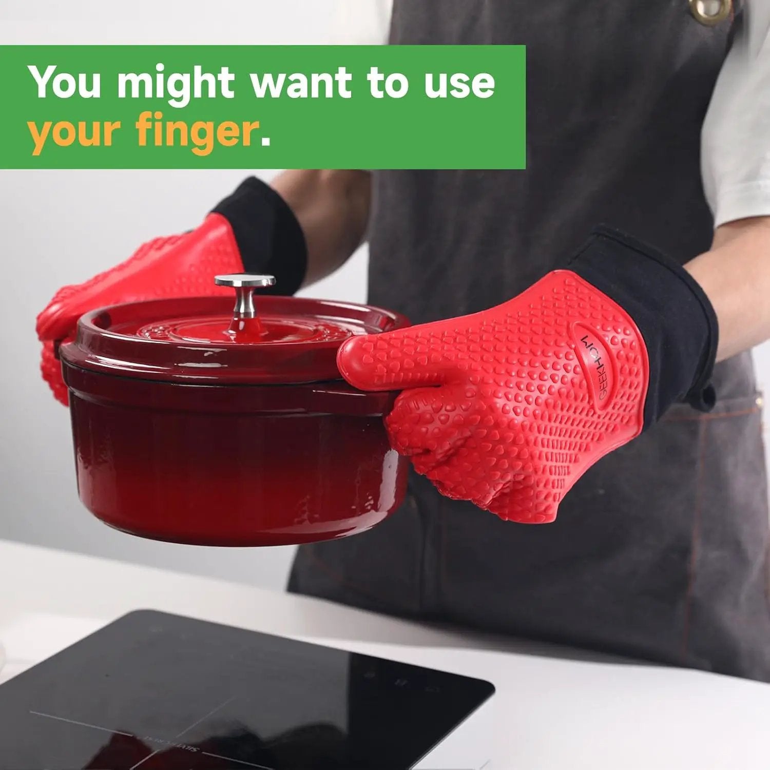 GEEKHOM BBQ Gloves Heat Resistant Oven Mitts - Silicone Grilling Gloves with 13.7" Arm Protection - Waterproof Pot Holder Non-Slip for Men & Women, Kitchen Outdoor Cooking, Baking, Camping, Red by GreenHaven Gardens