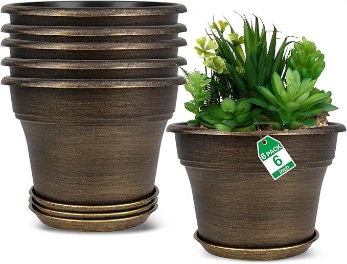 Plant Planters Pots Set of 6 Pack 6 Inch, Plastic Flower Pot for Indoor Plants with Drainage Holes & Trays, Resin Decorative Container Sets with Saucer for House Outdoor Garden Planters Dark Gold by GreenHaven Gardens