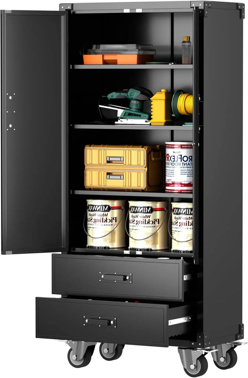 Aobabo Garage Metal Storage Cabinet with Wheels, Lockable Steel Storage Cabinet with 2 Large Drawer and 3 Adjustable Shelves, for Home, Office, Classroom, Black, Assembly Required by GreenHaven Gardens