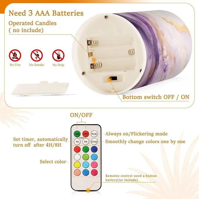 Flickering Flameless Candles, Purple Gold Marble LED Candles with Remote Timer, Set of 2 Battery Operated Candle for Valentine Wedding Birthday by GreenHaven Gardens