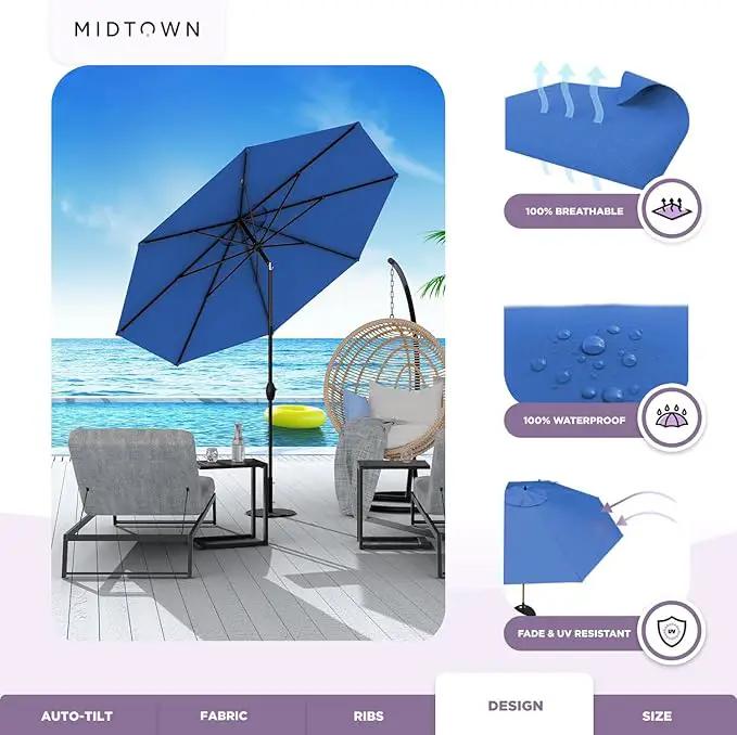 Midtown Umbrellas Sunbrella Umbrella 8 Feet Outdoor Umbrella With Sunbrella Dark Blue Acrylic Fabric - Auto-Tilt Aluminum Frame Patio Umbrella For Backyard, Deck, Garden, Pool - Black Pole by GreenHaven Gardens