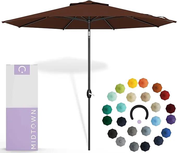 Midtown Umbrellas Sunbrella Umbrella 9 Feet Outdoor Umbrella With Sunbrella Bay Brown Acrylic Fabric - Auto-Tilt Aluminum Frame Patio Umbrella For Backyard, Deck, Garden, Pool - Black Pole by GreenHaven Gardens