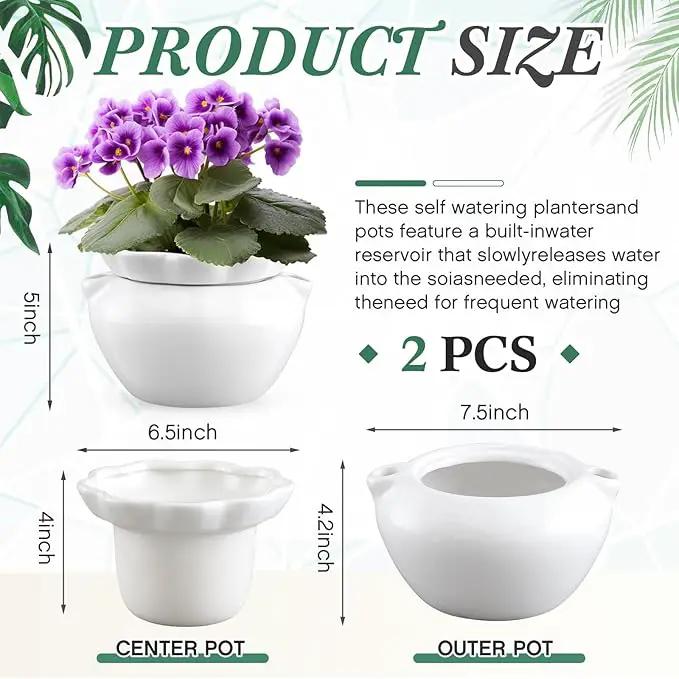 2 Set 7.5 Inches African Violet Pots Self Watering White Ceramic Pot for Indoor Plants, Flowerpot with Highly Absorbent Inner Pot for Busy Plant Lovers, Plant Care by GreenHaven Gardens