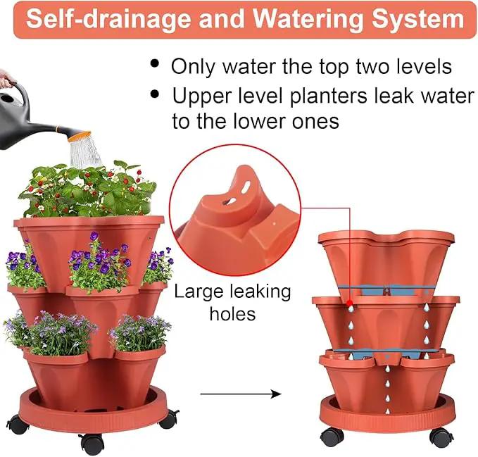 Vertical Planter 3 Tier Stackable Planters Garden Planters Strawberry Herb Flower and Vegetable Planter Indoor Outdoor Gardening Pots with Removable Wheels and Tools 2-Pack by GreenHaven Gardens
