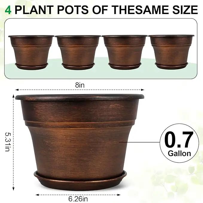 Plant Planters Pots Set of 4 Pack 8 Inch, Plastic Flower Pot for Indoor Plants with Drainage Holes & Trays, Resin Decorative Container Sets with Saucer for House Outdoor Garden Planters Copper by GreenHaven Gardens