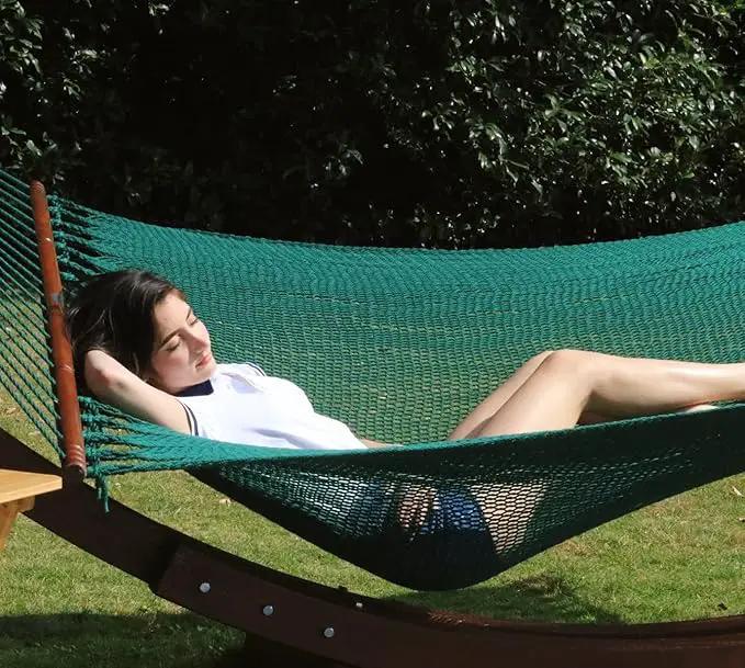 Lazy Daze Hammocks 10.5 FT Double 2 Person Caribbean Rope Hammock, Hand Woven Polyester Hammock with Spreader Bars, for Outside Outdoor Backyard Patio Poolside,450 LBS Capacity, Green by GreenHaven Gardens