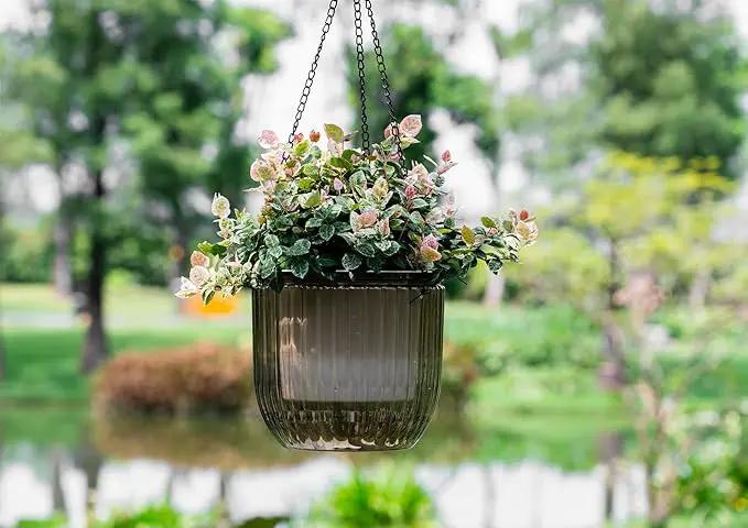 Melphoe 1 Pack Self Watering Hanging Planters Indoor Flower Pots, 8.3 Inch Outdoor Hanging Plant Pot Basket, Plant Hanger with 3Hooks Drainage Holes for Garden Home by GreenHaven Gardens