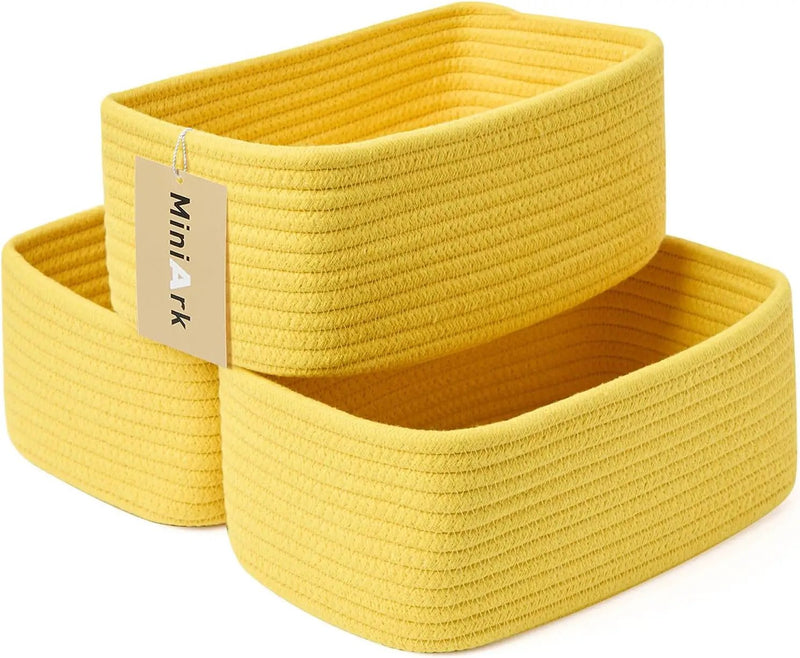 Small Storage Baskets for Organizing | Closet Organizer Bins | Shelf Toy Basket | Woven Rope Baskets | Cube Decorative Box | Shallow Basket | 11.5x7.5x4.7” | 3 Packs Yellow by GreenHaven Gardens