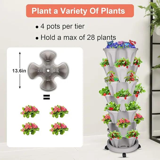 Vertical Planter, 7 Tier Stackable Strawberry Planter with Garden Tool Set, Movable Indoor/Outdoor Garden Herb Pot for Growing Vegetables and Succulents, Gray by GreenHaven Gardens