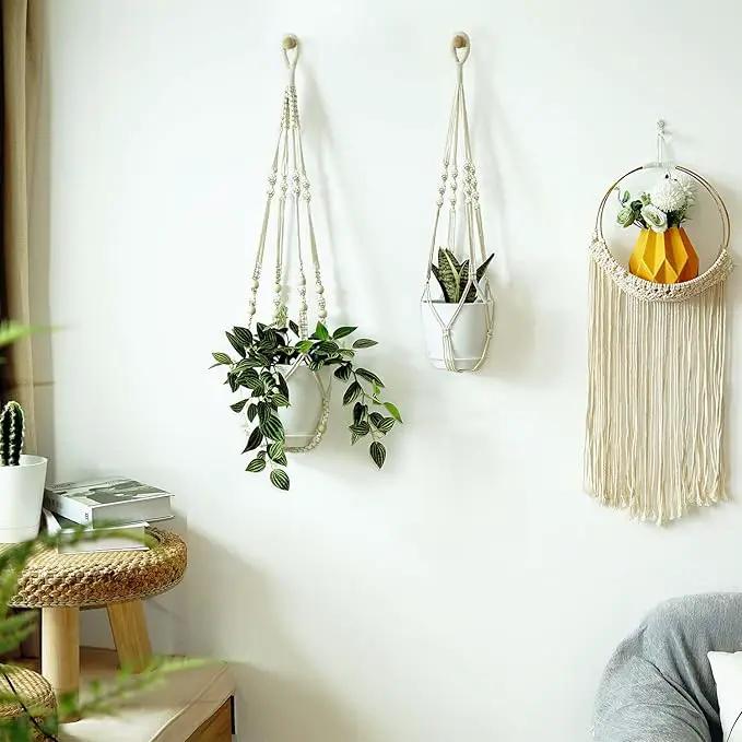 Macrame Plant Hangers with Pots and Saucers, 3 Pack Hanging Planters for Indoor Plants Hanging Plant Holders with Hooks 34" / 26" / 20" by GreenHaven Gardens