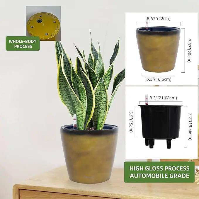 Dexceder 9x8 Inches Self Watering Planter Indoor Outdoor, Inner Pot Design, Thickened Table Flower Plant Pot with Water Level Indicator (Yellow Brown Gradient) by GreenHaven Gardens