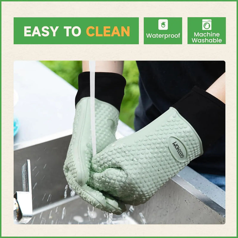 GEEKHOM BBQ Gloves Heat Resistant Oven Mitts - Silicone Grilling Gloves with 13.7" Arm Protection - Waterproof Pot Holder Non-Slip for Men & Women, Kitchen Outdoor Cooking, Baking, Camping, Mint Green by GreenHaven Gardens