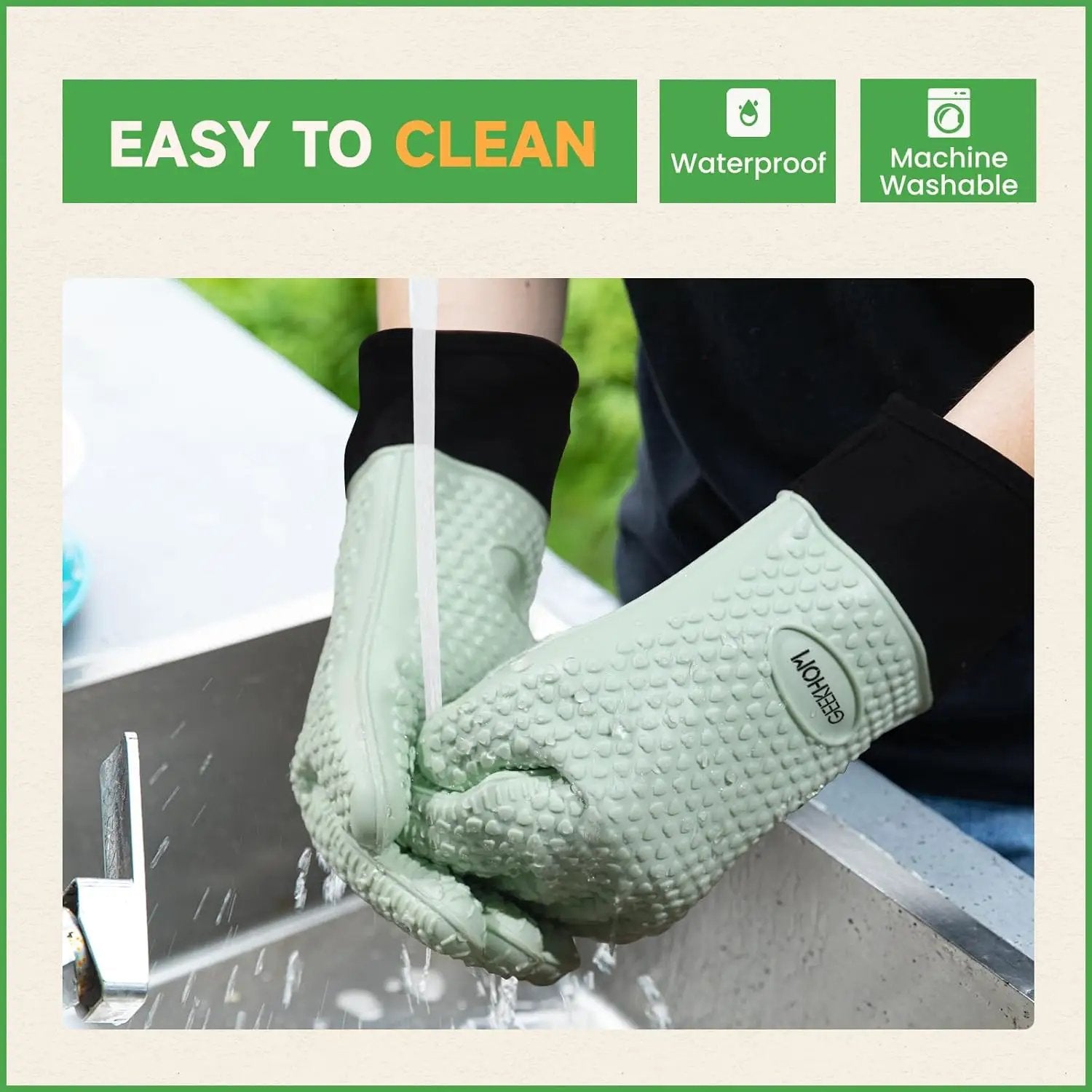 GEEKHOM BBQ Gloves Heat Resistant Oven Mitts - Silicone Grilling Gloves with 14" Long Arm Protection - Waterproof Pot Holder Non-Slip for Men & Women, Kitchen Cooking, Baking, Camping, Mint Green by GreenHaven Gardens