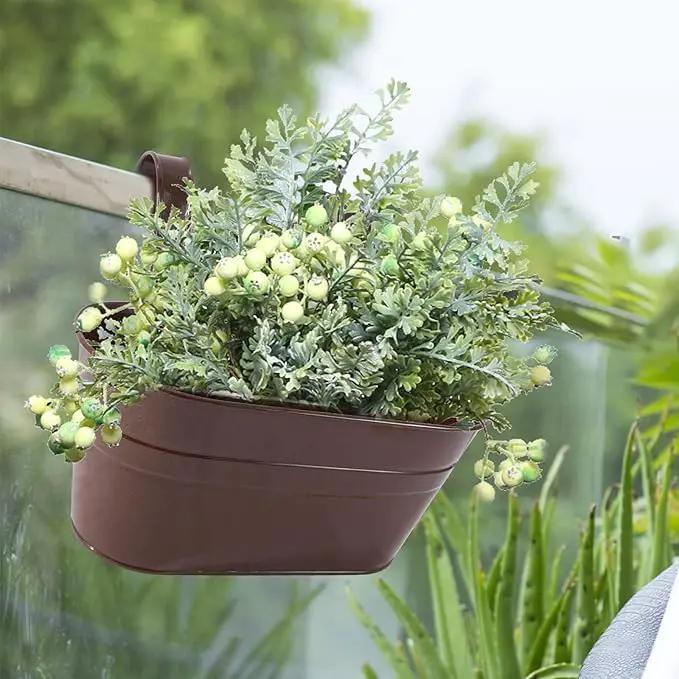 Metal Iron Flower Pots for Railing Fence Hanging Bucket Pots(5 Pcs) and Hanging Flower Pots Metal Iron Bucket Planter(10 Pcs) (Bronze) by GreenHaven Gardens
