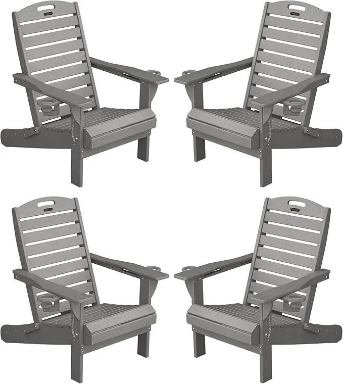 Adirondack Chairs Set of 4, Outdoor Fire Pit Chairs, HDPE All-Weather Adirondack Chairs with Cup Holder, Lawn Chair for Deck, Patio, Garden (Grey) by GreenHaven Gardens