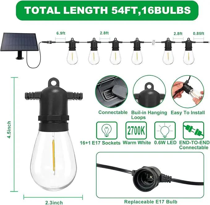54(48+6) ft Solar String Lights Outdoor,Waterproof with USB Port Remote Control Solar Patio Lights,16 Shatterproof S14 Bulbs,1W Soft White by GreenHaven Gardens