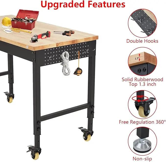 48'' Adjustable Workbench on Wheels, 2000LBS Heavy Duty Worktable with Power Outlets & Drawers & Pegboard, Rubberwood Workstation for Workshop, Garage, Office, Home by GreenHaven Gardens