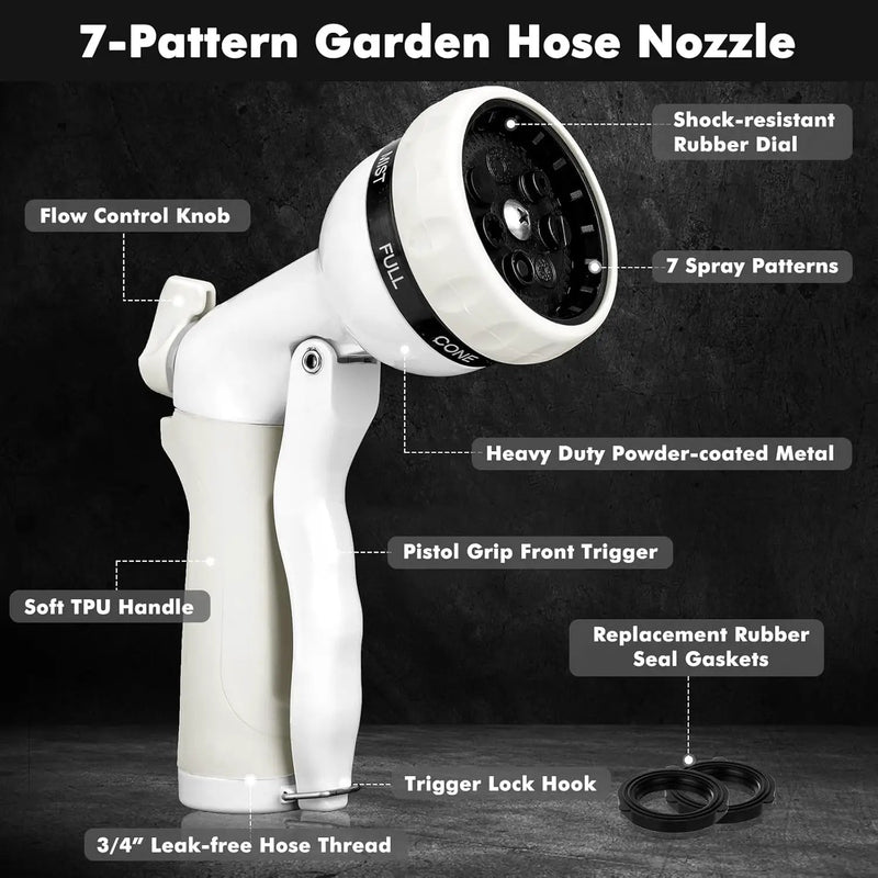 RESTMO Garden Hose Nozzle, Heavy Duty Metal Water Hose Nozzle with 7 Adjustable Spray Patterns, High Pressure Hand Sprayer with Flow Control, Best for Watering Plant & Lawn, Washing Car & Pet, White by GreenHaven Gardens