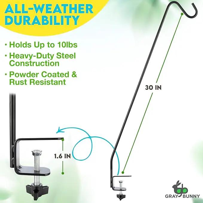 Gray Bunny Deck Hook 2 Pack, 30 Inch Bird Feeder Pole, with Non-Slip Clamp Deck Bird Feeder Hanger for Railing for Feeders, Planters, Suet Baskets, Lanterns, Wind Chimes and More by GreenHaven Gardens