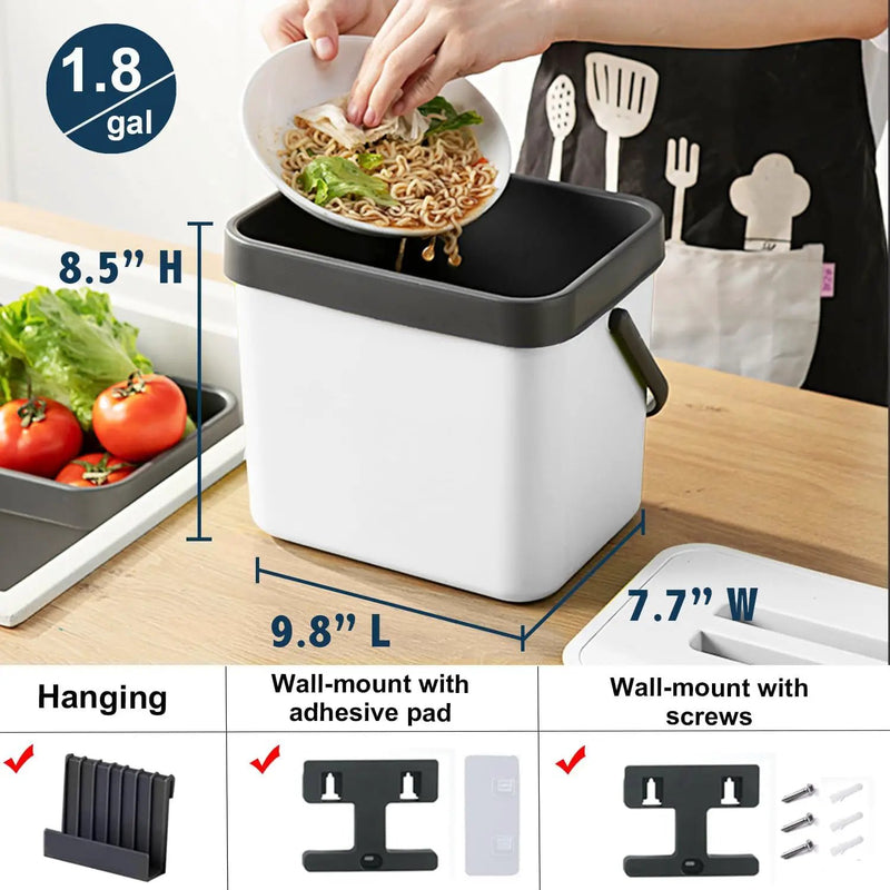 Kitchen Compost Bin Countertop, LALASTAR Hanging Trash Can with Lid for Kitchen Cabinet Door, Wall-Mounted Compost Pail with Colander, 1.8 Gallons, White by GreenHaven Gardens