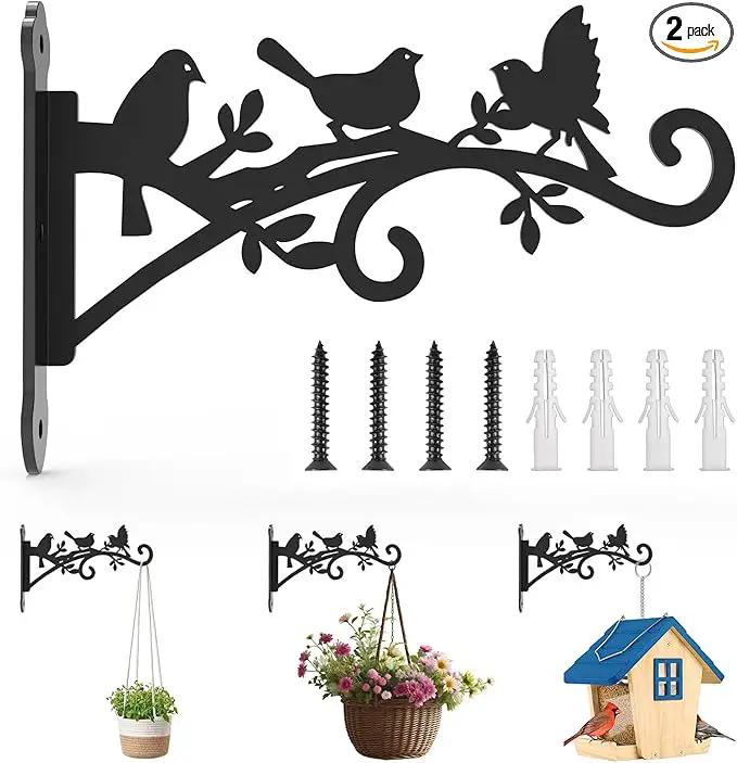Metal Hanging Plant Bracket with Birdie Pattern 2 Pack – Heavy Duty Plant Hooks for Hanging Flower Baskets，Plants, Bird Feeder, Wind Chime - Indoor/Outdoor Use，Black Matte Texture (9 in) by GreenHaven Gardens