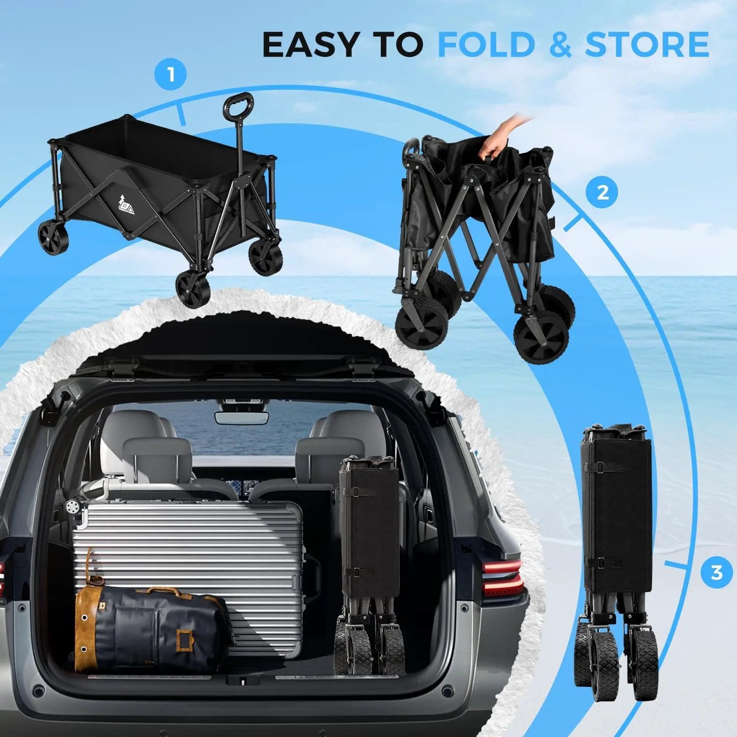 Collapsible Wagon Carts with Large Capacity, Foldable Grocery Cart with Side Pockets for Outdoor,Utility Beach Wagons Heavy Duty,300lb Load-Bearing for Camping, Garden, Sports, Shopping-Black by GreenHaven Gardens
