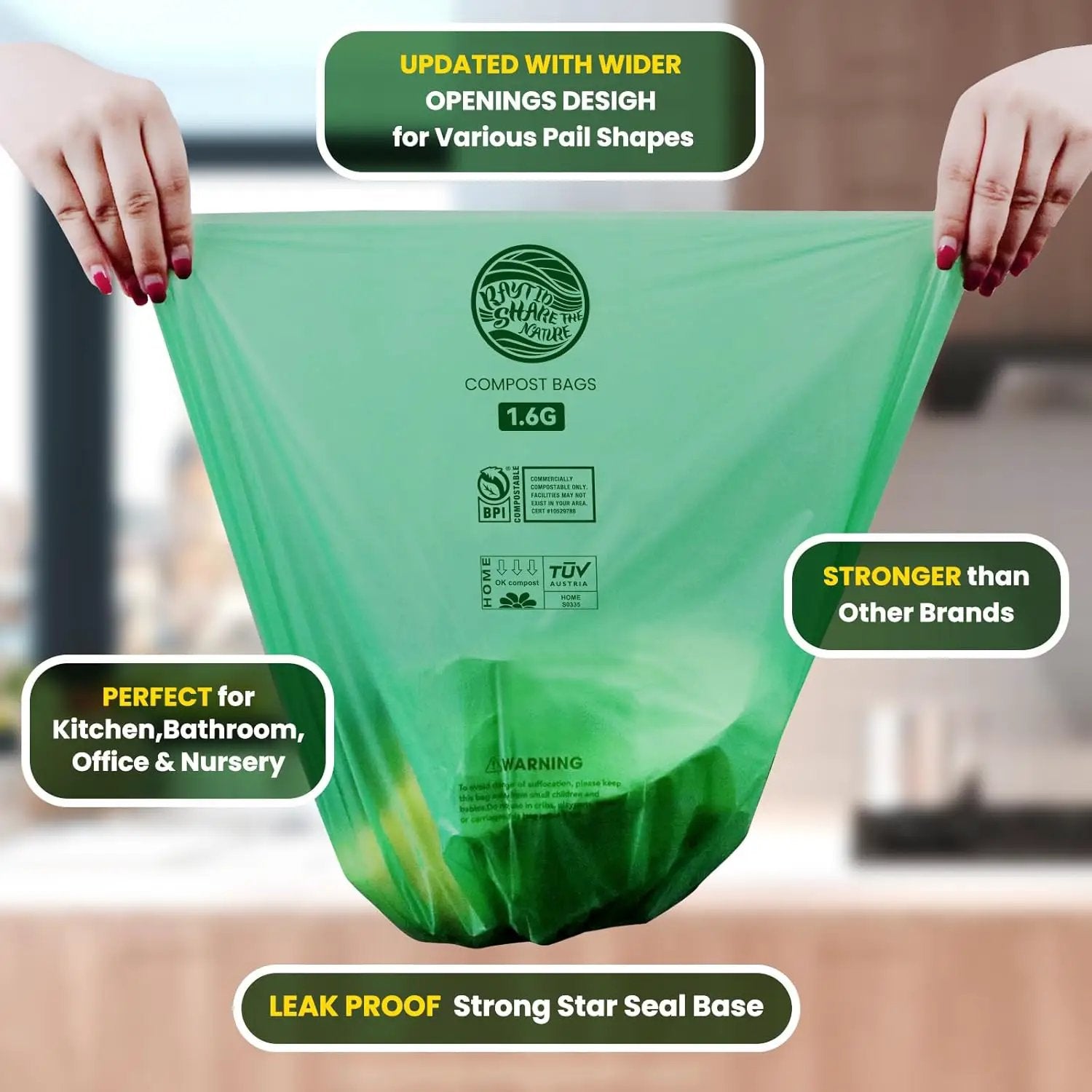 RAYTID 120 Counts 1.6 Gallon (1.6-1.75-2 Gal) Compost bin kitchen Bags, Strong compost bags for countertop bin, Fit 4.5,6,7,8 Liters.ASTM D6400, US BPI and Europe OK compost HOME certified by GreenHaven Gardens